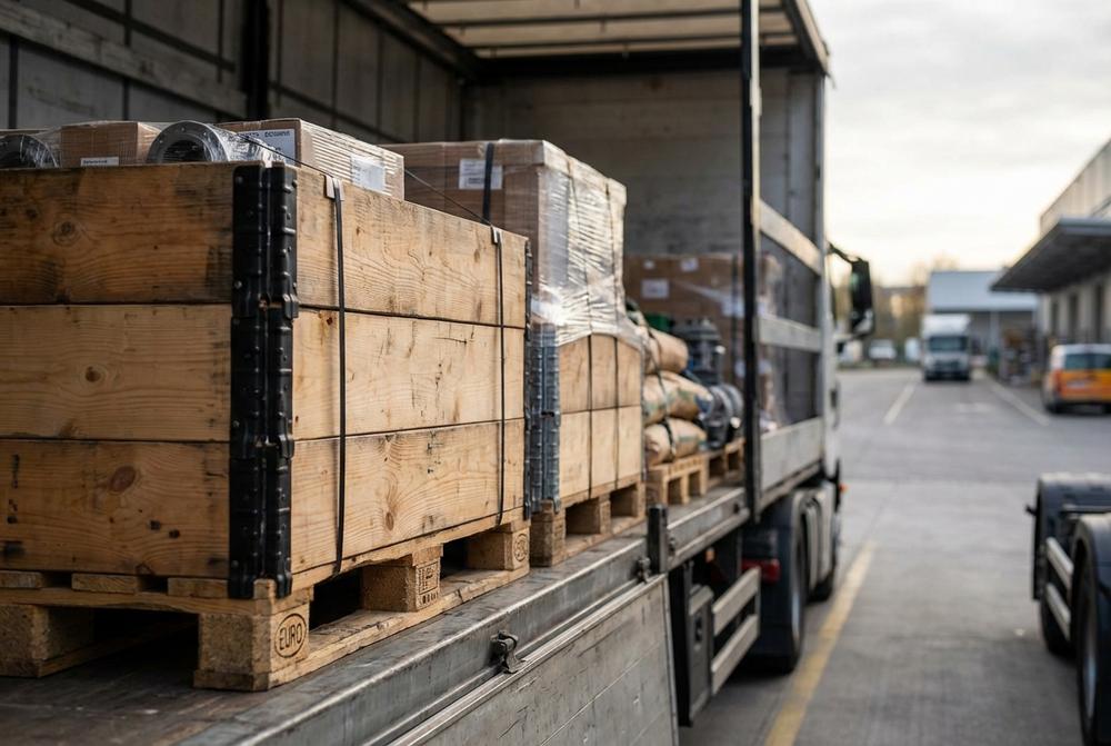 Stoh dřevěných palet připravených k expedici pro logistiku, výrobu a e-commerce