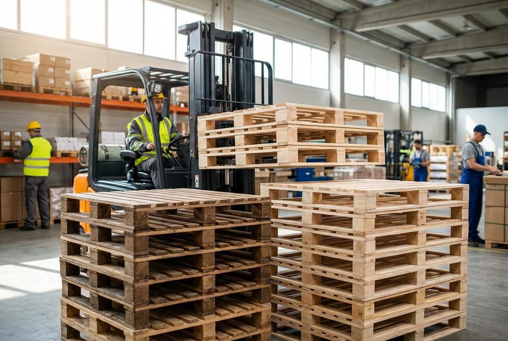 Stoh jednorazových palet připravených pro logistiku, výrobu a e‑commerce