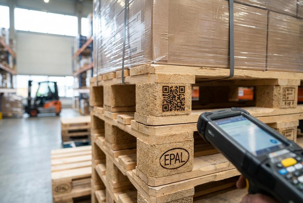 Detail palety EPAL QR s vyznačeným kódem pro sledování zásilek v logistice a e-commerce