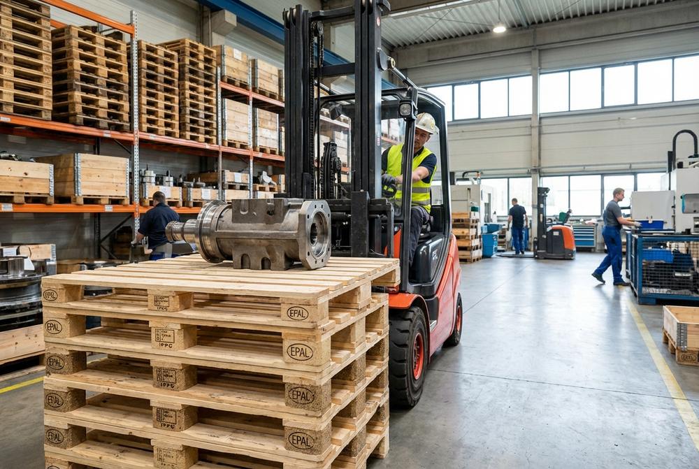 Stohované dřevěné palety připravené pro logistiku, výrobu a e-commerce