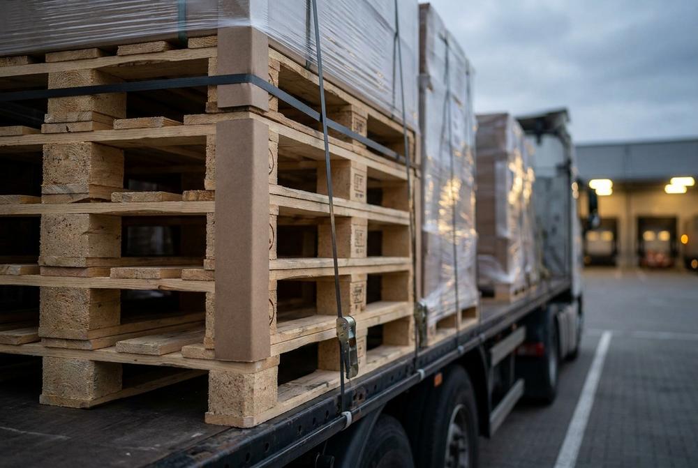 jednorazove palety z pevného dřeva pro logistiku, výrobu a e‑commerce, stohované ve skladu