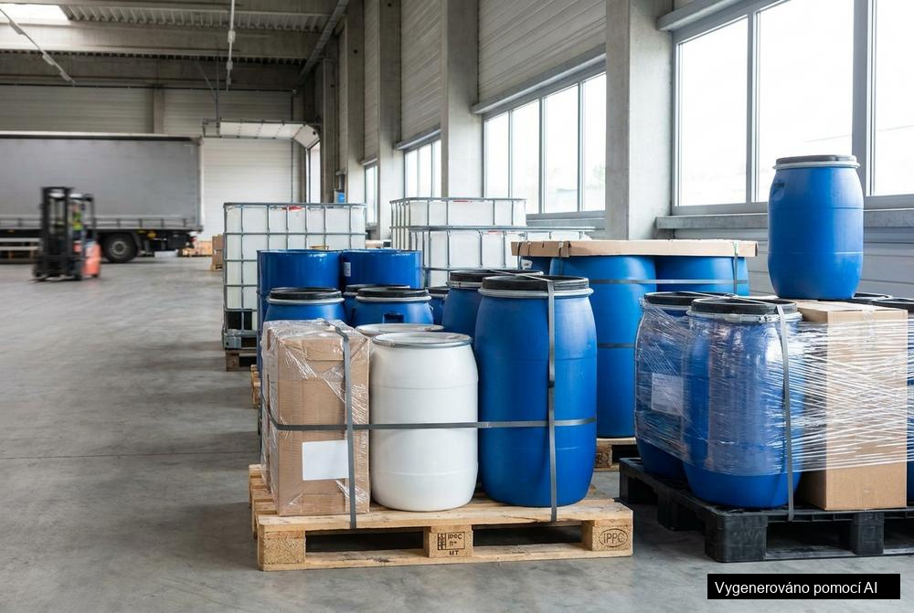Dřevěné palety naskládané ve skladu připravené pro logistiku, výrobu a e‑commerce